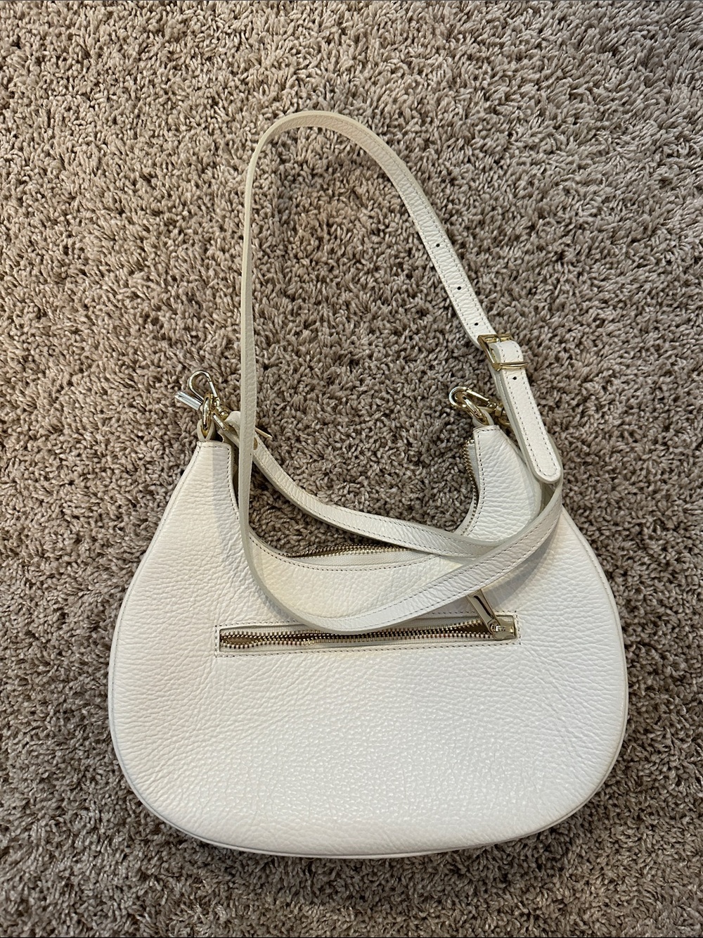 Cream Pebbled Leather Crescent Crossbody Bag with Adjustable Strap